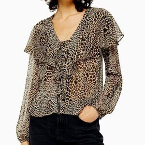 Topshop Blouse Leopard Heart Print Ruffle Tie Front Semi Sheer Blouse Womens 4